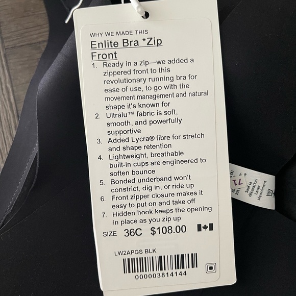 Lululemonn Enlite Bra Zip Front 36C - Picture 3 of 3